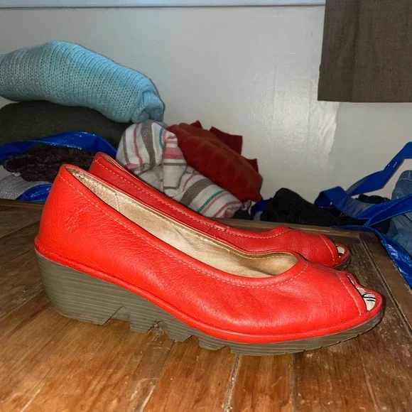 Fly London Red Wedge Shoes with Chunky Heel Staple Eclectic Bold Gently Used - Picture 5 of 14